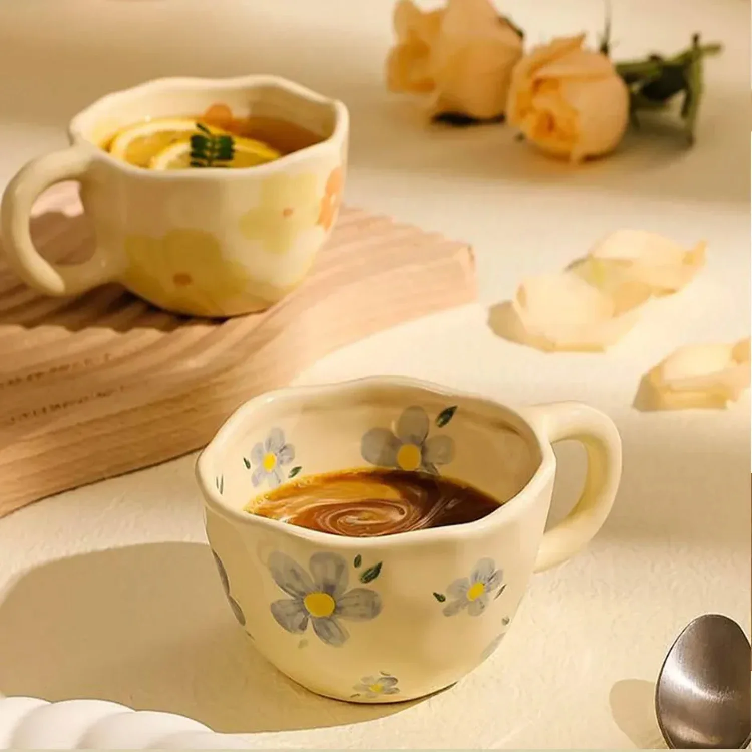 Stunning Charming Korean Style Exquisite Ceramic Flower Coffee Cups - Unique Irregularly Hand Pinched Oatmeal Breakfast Milk Tea