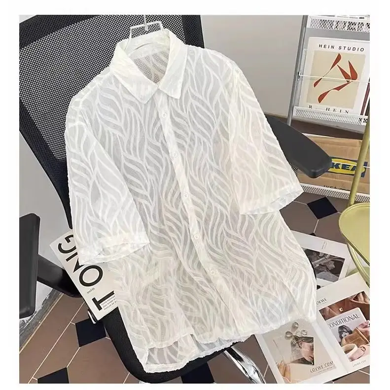 

Jacquard Shirt Handsome Short-sleeved Sunscreen Clothes for Men and Women Casual Loose Versatile Shirts for Sunscreen Clothes