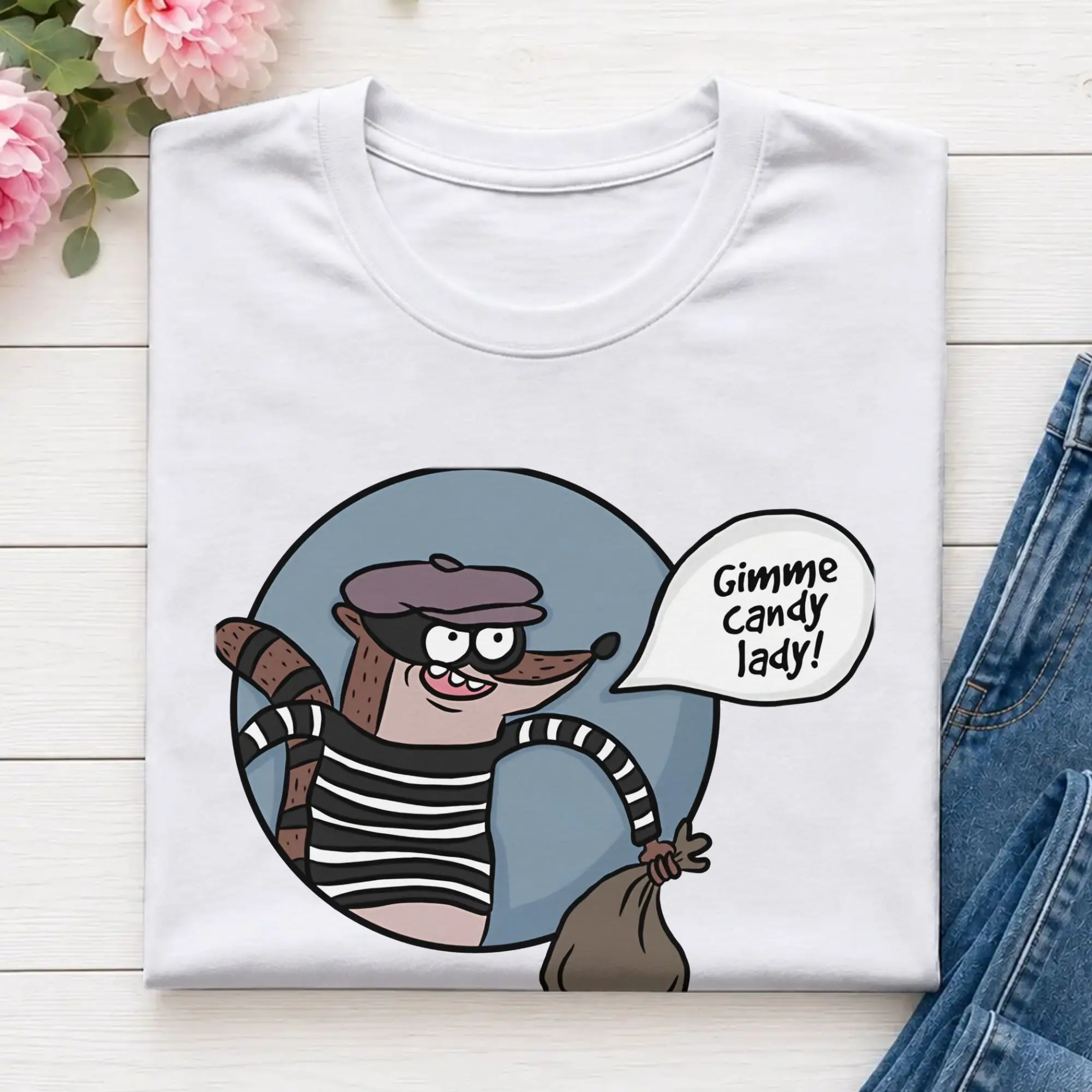 Funny Gimme Candy Lady! Rigby Regulars Shows  T-Shirt for Men Crew Neck 100% Cotton T Shirt  Short Sleeve Tee Shirt Printed Tops
