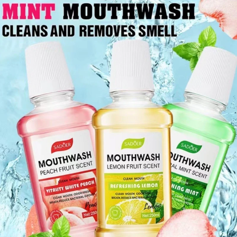 250ml Lemon/Mint/Peach Flavored Mouthwash, Containing Plant Extracts and Other Ingredients, with a Fresh Fruity Scent, a Gentle and Comfortable Sensation in the Mouth, and Is Mild and Non-Irritating Through Deep Cleaning with a Toothbrush and Regular Maintenance, It Cares for Oral Health and Brings a Fresh and Pleasant Feeling. Suitable for Home Use, Travel, and Is Unisex, Also Makes a Great Gift for Friends and Family.
