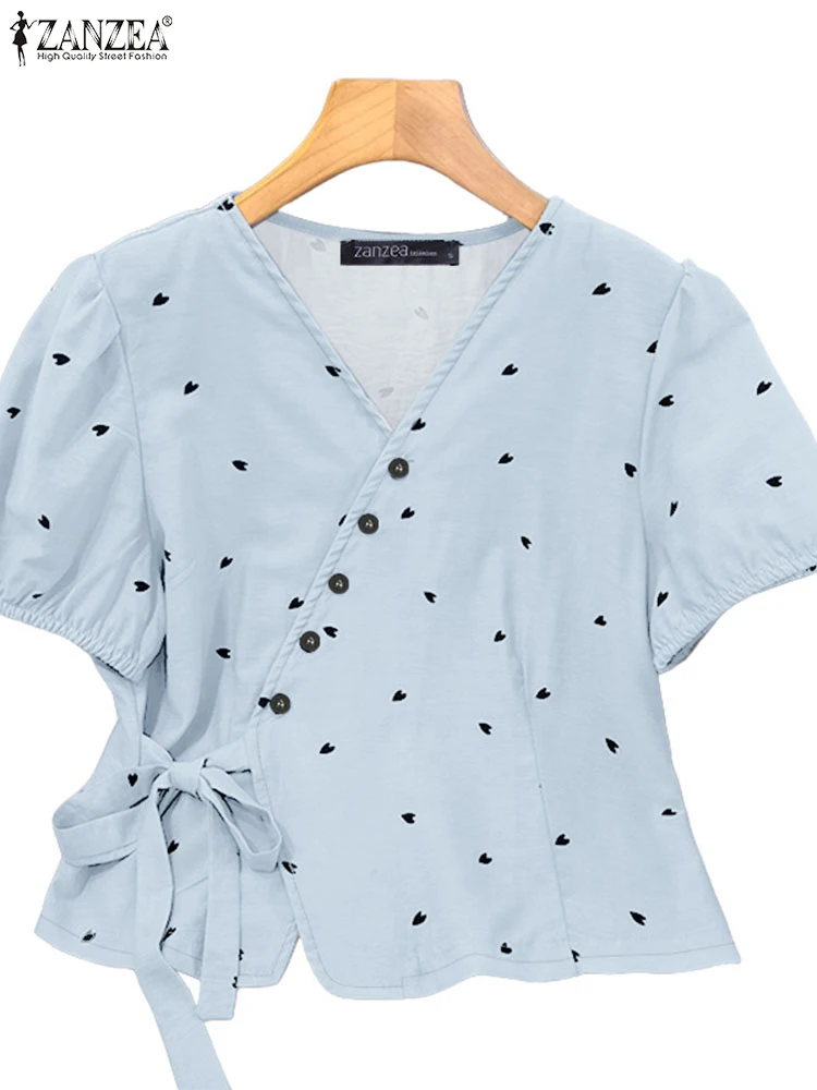 ZANZEA Hart Patroon Verpakt Blouses Vrouwen Mode V-hals Korte Bladerdeeg Mouw Boog Detail Blusas Mujer Alledaagse Casual Shirts