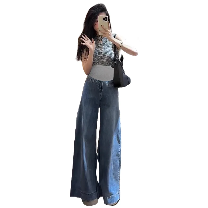

American High Street Korean Style Maternity Jeans - Retro Blue Stretchy Wide Leg Denim Pants (Slimming Fit) Pregnant Women