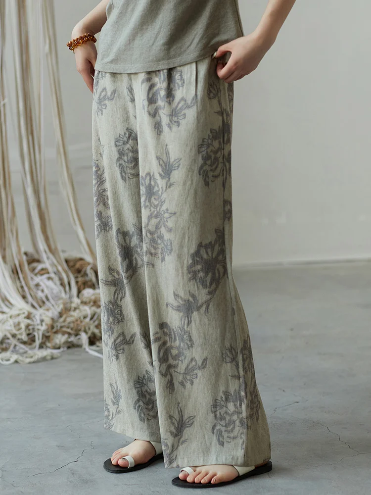 

Cool Wide Leg Pants Mixed Fiber Print Comfortable Slimming Long Trousers for Women Commute Sle Artistic Simple Design