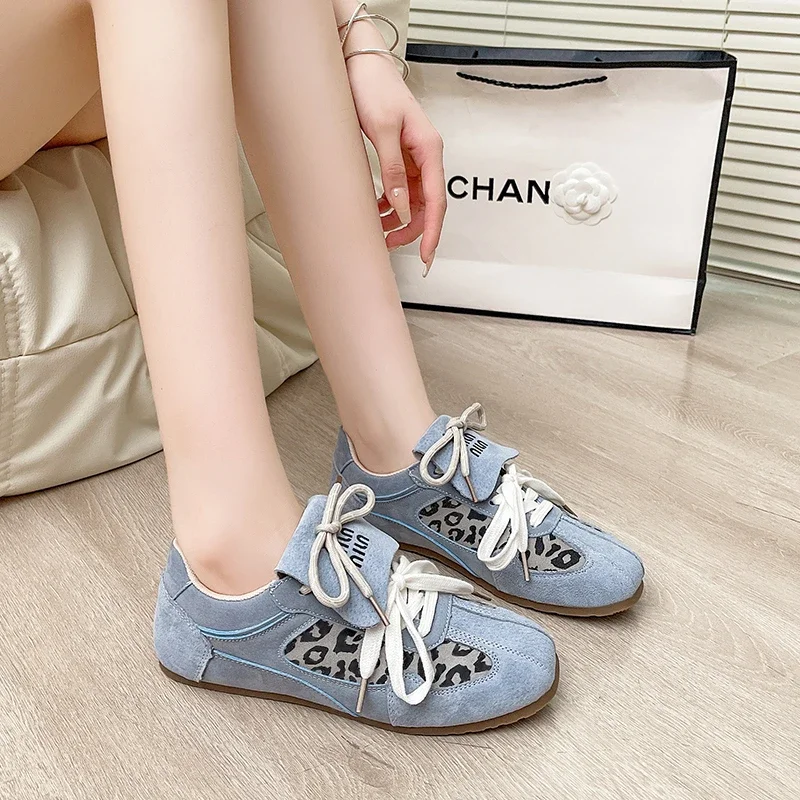 Women Sneakers 2024 Spring And Autumn New Retro Leopard Print German Training Shoes Women Contrast Flat Casual Shoes Women