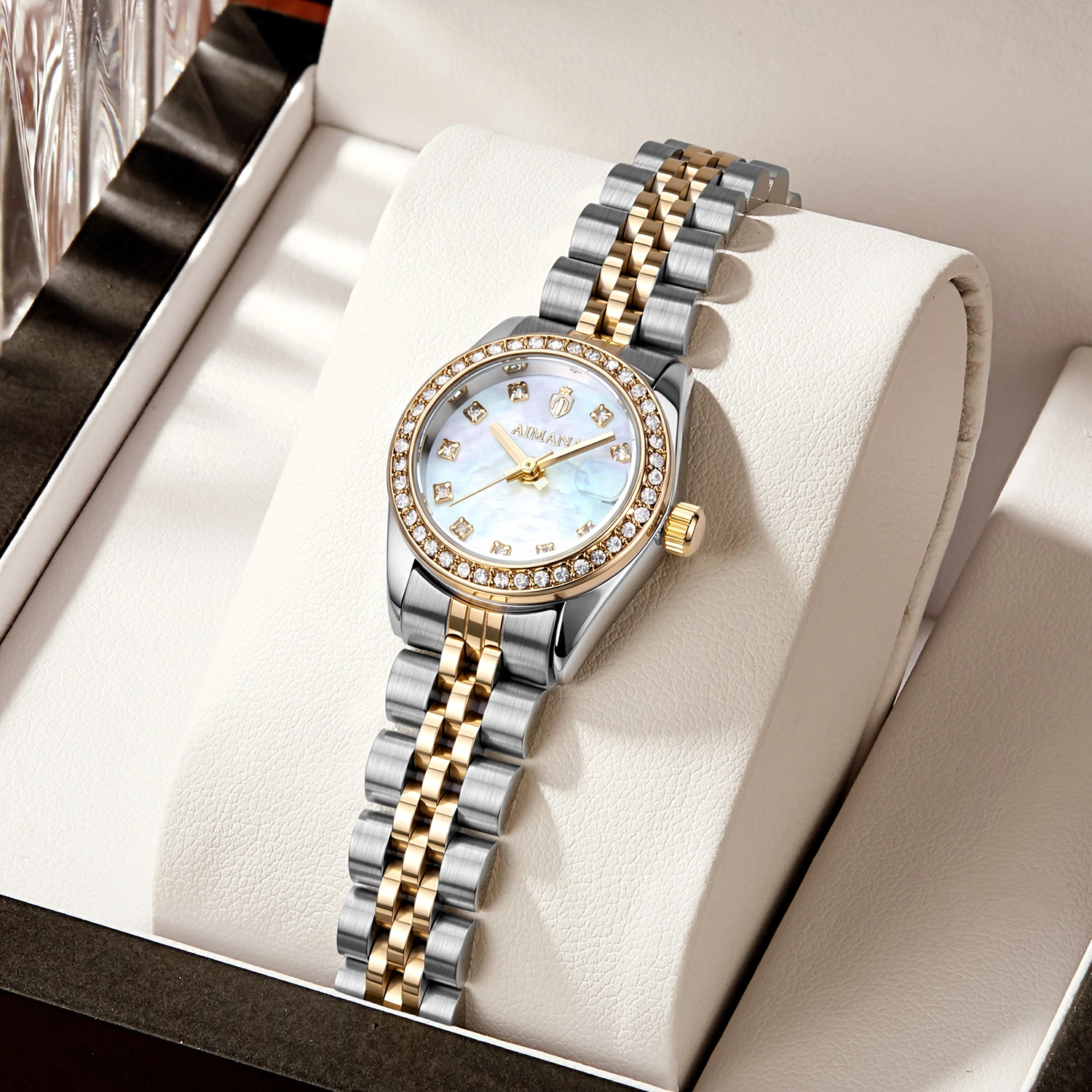 AIMANA Luxury Ladies Two-Tone Watch Mother of Pearl Dial Diamond Bezel Date Waterproof Quartz Stainless Steel Strap Elegant Wris