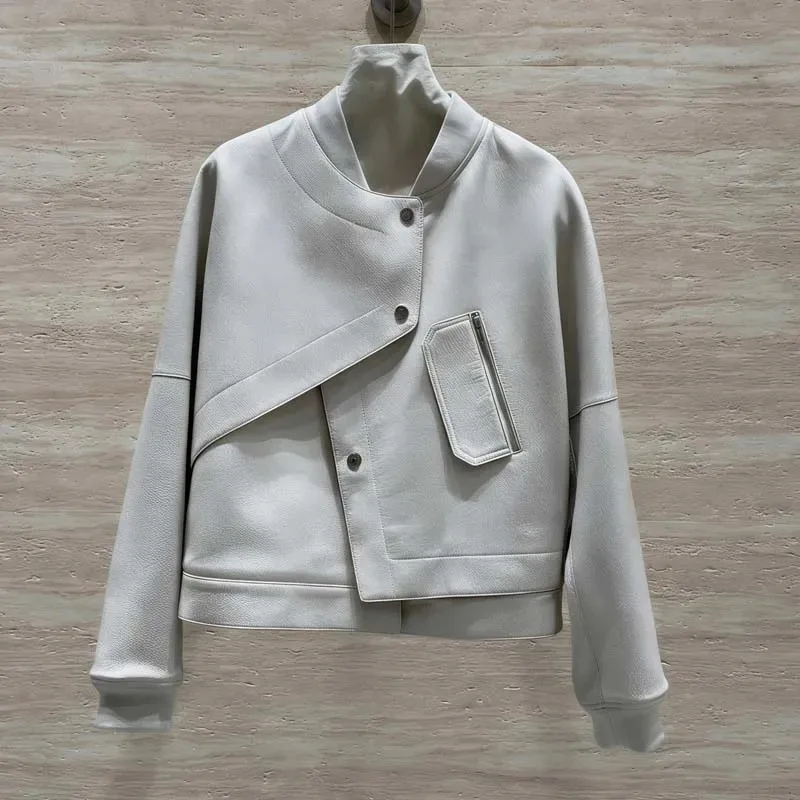 Jaqueta Bomber Feminina Laranja de Couro Genuíno com Design de Botões Assimétricos, Casaco Curto de Pele de Cordeiro Real com Bolso com Zíper, Estilo Streetwear