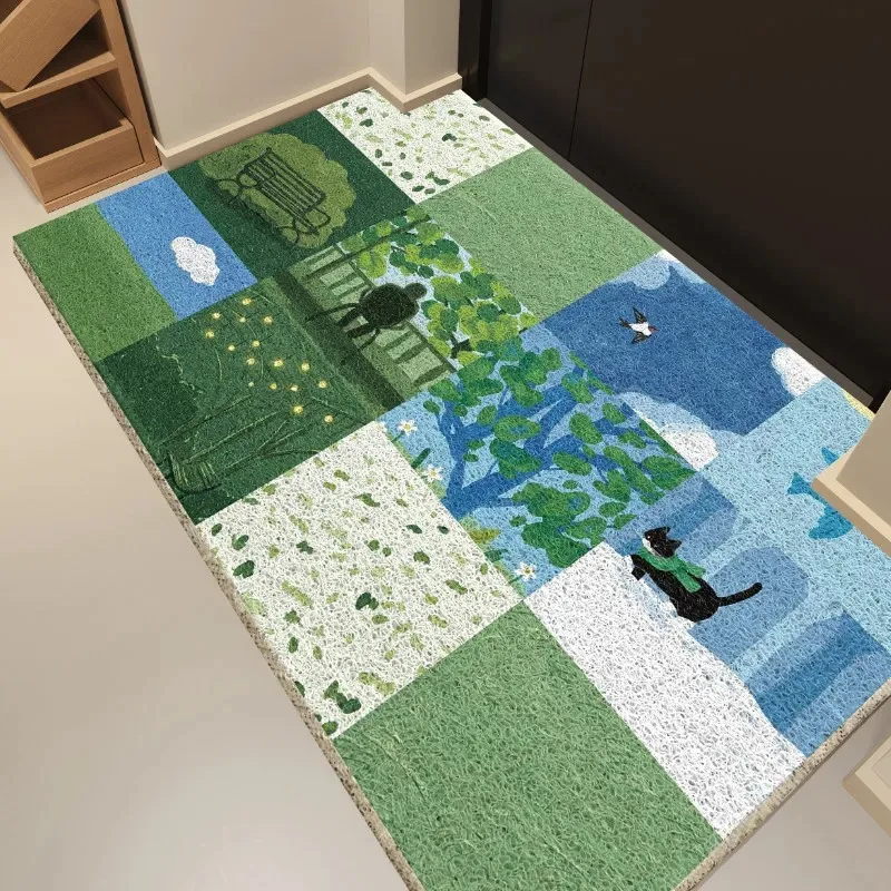 Green Scenery Illustration PVC Coil Doormat Cuttable Anti Slip Entrance Door Mat Dirt Sand Trapping Shoe Scraper Floor Rug
