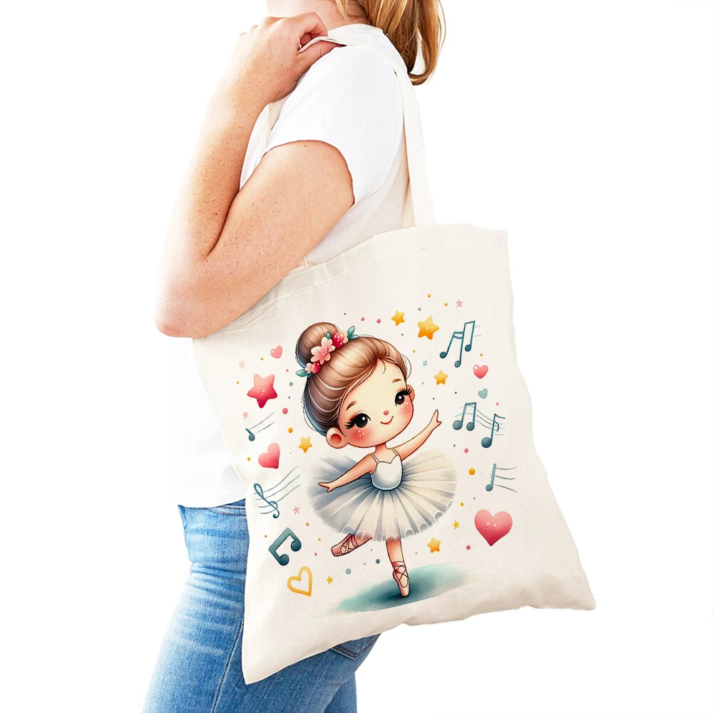 Cute Cartoon Ballet Girl Shopper Bag  Double Print Women Shopping Bags Casual Ballerina Tote Lady Shoulder Handbag Children Gift