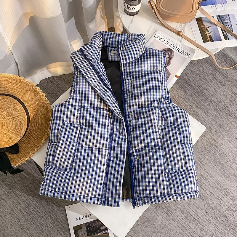 

Синий клетчатый жилет с воротником-стойкой, осенне-зимний утепленный повседневный жилет, клетчатый жилет без рукавов в стиле ретро, свободная женская верхняя одежда