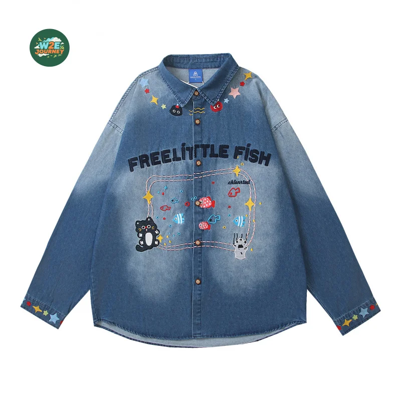 W2EJOURNEY 고품질 EU US 사이즈 럭셔리 아웃도어 빈티지 워시드 만화 자수 긴팔 데님 유니섹스 캐주얼 셔츠