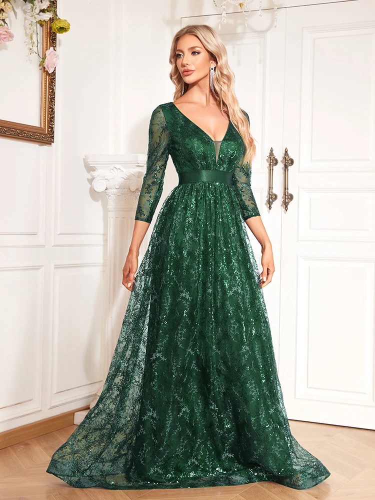 XUIBOL Elegant Green Sexy V-Neck Floral Evening Dress Long 2024 Luxury Women Long Sleeve Party Prom Sequin Cocktail Dress Gown