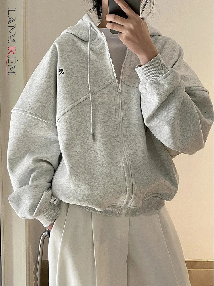 

[LANMREM] Letter Hooded Sweatshirt For Women Zipper Cardigan Long Sleeve Casual Loose Top Fashion 2024 Autumn New 26D9799