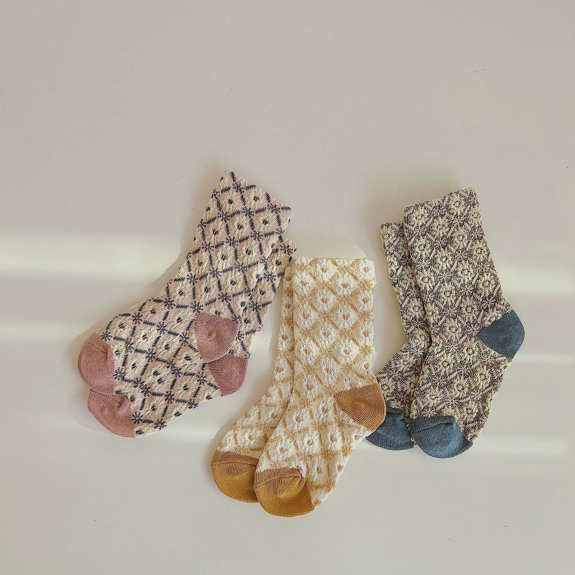 

3PCS Spring Autumn New Rural Style Three-dimensional Patchwork Diamond Flower Children Socks Baby Grid Socks Trend