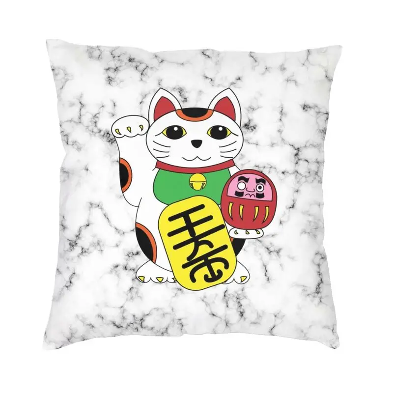 Maneki Neko Marble Square Pillow Cover Decoration Lucky Cat Cushion Cover Throw Pillow for Sofa Double-sided Printing