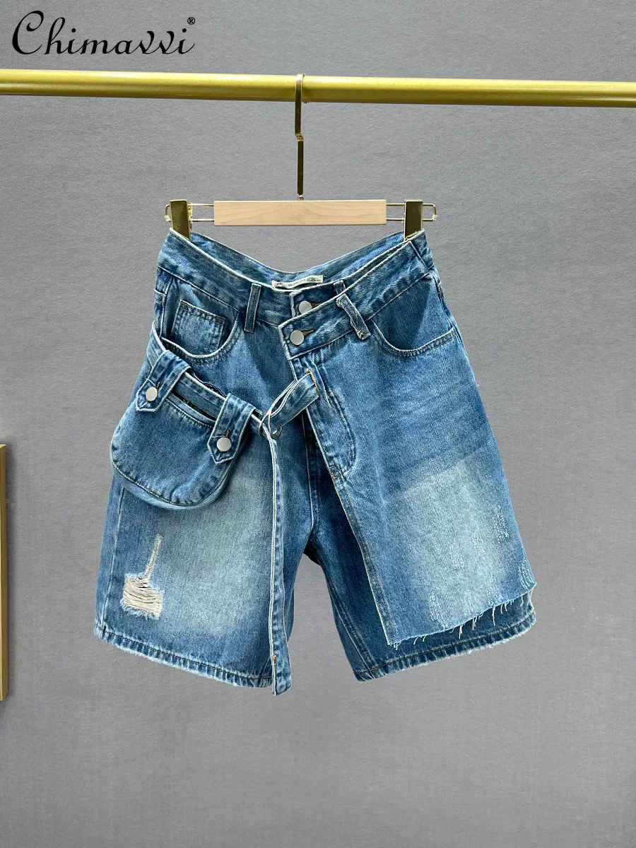 Fake Two Pieces Denim Shorts Women's 2024 Summer Clothes New Fashion High Waist Loose and Slimming Retro Straight-Leg Pants