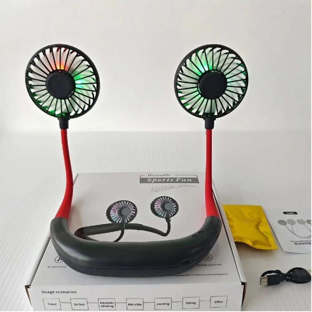 Portable USB Rechargeable Mini Sports 3-Speed Adjustable Neck Dual Fan for Home Travel Indoor Outdoor 360 Degree Adjustable