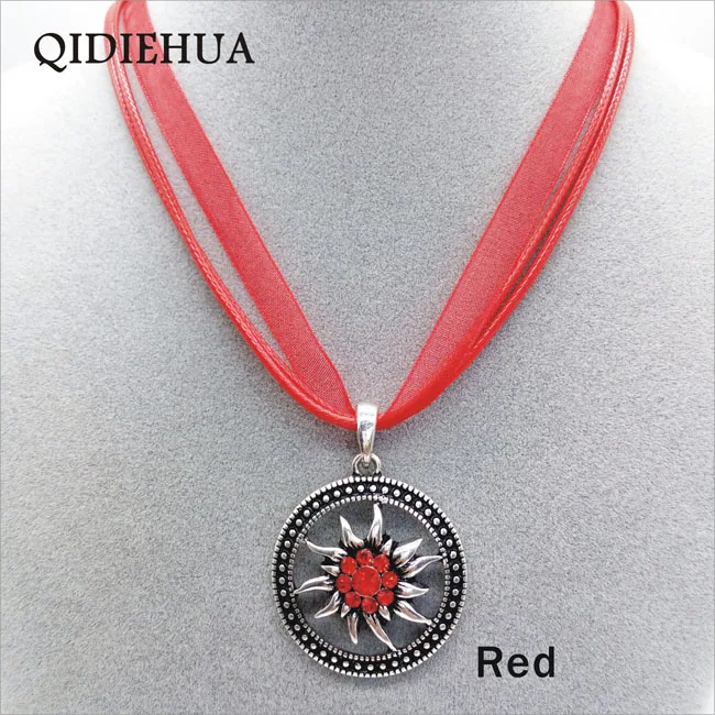 New Round Edelweiss Necklaces for Women Vintage Silver Color Multicolor Rhinstone Flower Ribbon Rope Pednants Jewelry Wholesale