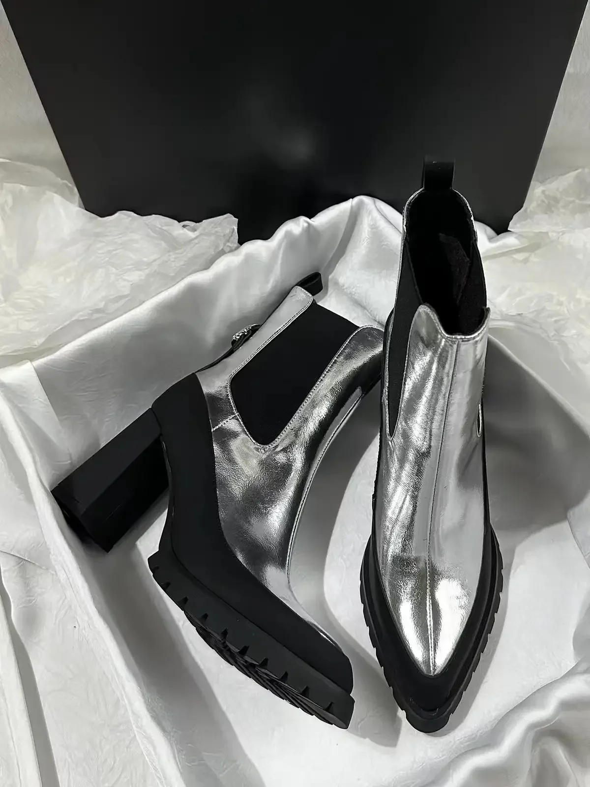 Women's Super High Heel Booties New Autumn and Winter Fashion Contrast Color Design Platform Block Heel Leather Shoes