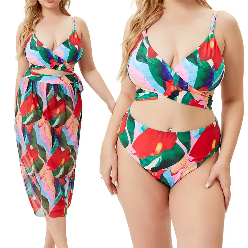 Bikini Set Woman Plus Size Swimwear Women 2 Piece High Waist Swimsuit with Cover Ups Big Breasts Bathing Suit Beach Sarong