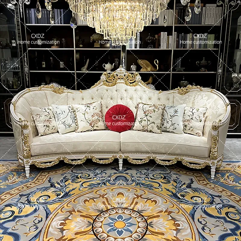 Luxury Fabric Sofa Set Solid Wood Carved Floral Design Large Sectional Couch for Living Room Palace Style Comfortable Seating