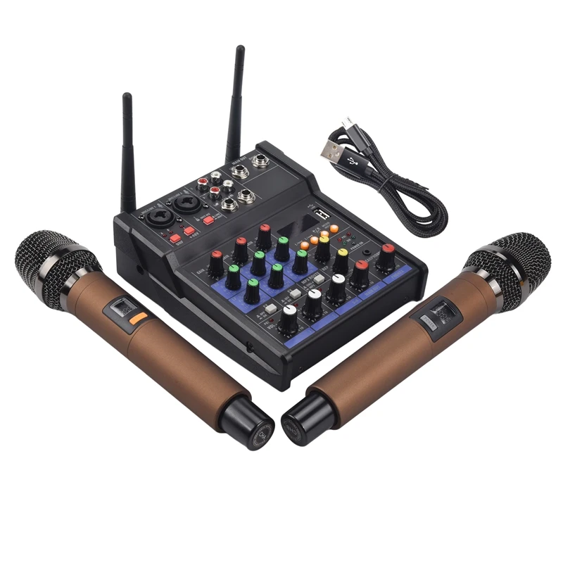 

4 Channel Audio Mixer Console With Wireless Microphone Sound Mixing With Bluetooth USB Mini Dj Mixer+Wireless Karaoke