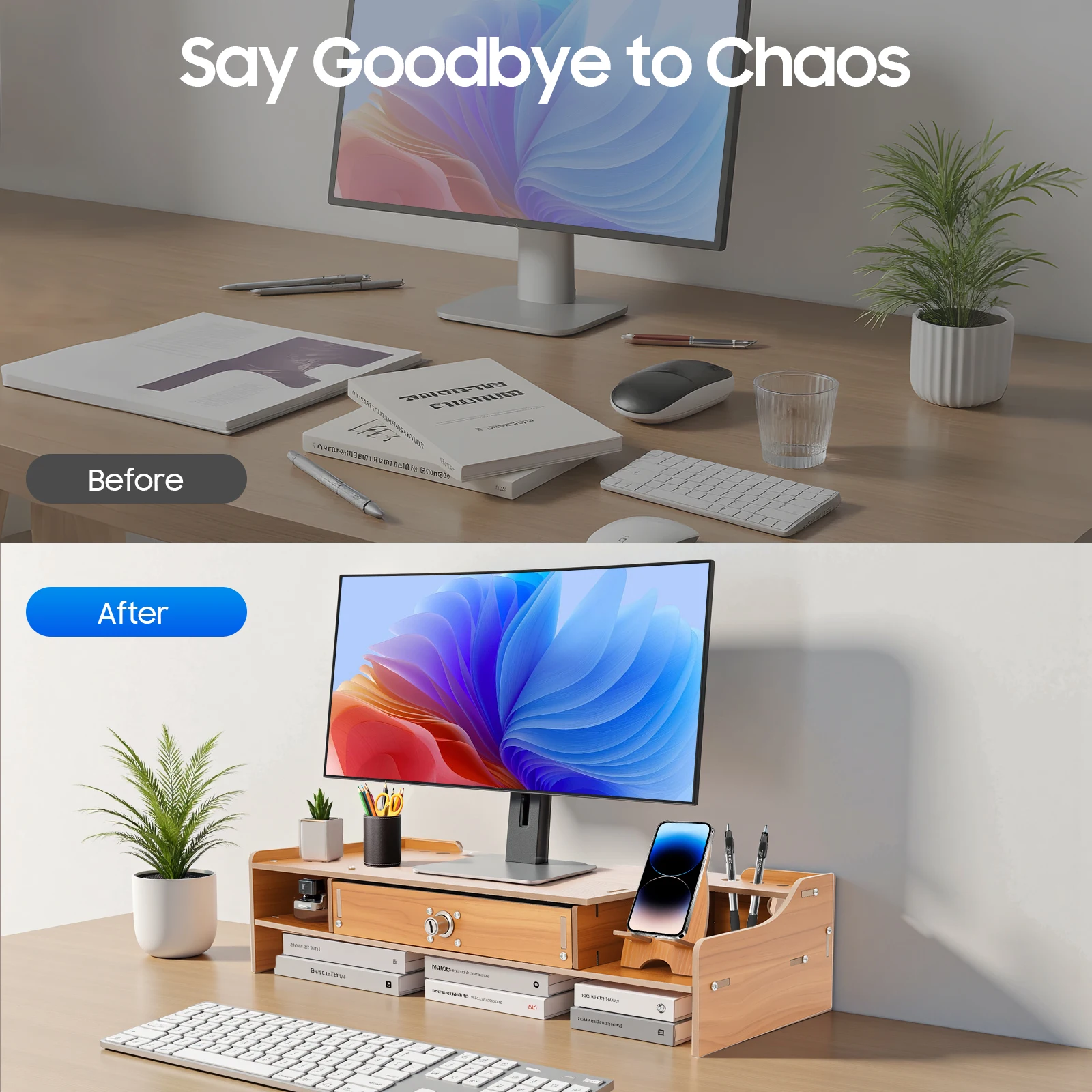 Computermonitorstandaard Computerrek met telefoonhouder Tafelblad Monitorstandaard Desktop Organizer Hout voor huizen, kantoren