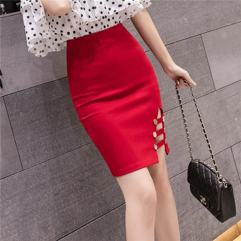 

Temperament Autumn Winter Women Solid High Waist Button Asymmetrical Split Fashion Office Lady A-line Mid-length Hip Wrap Skirt