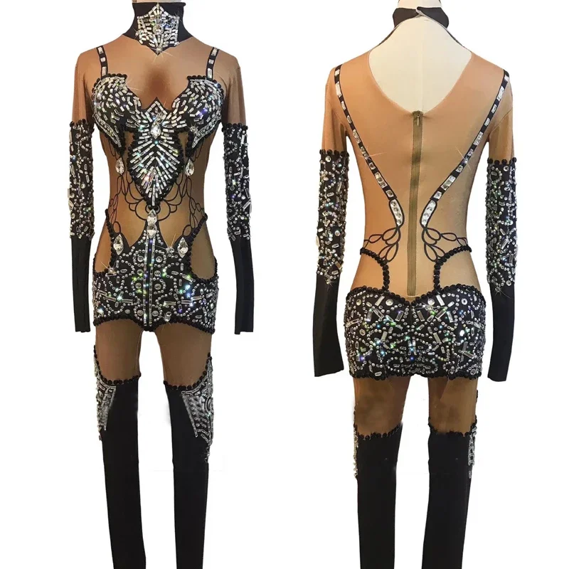 Halloween Party Gogo Dance Kostüm Langarm Strass Overall Frauen Festival Outfit Nachtclub Dj Ds Bühne Tragen XS6864