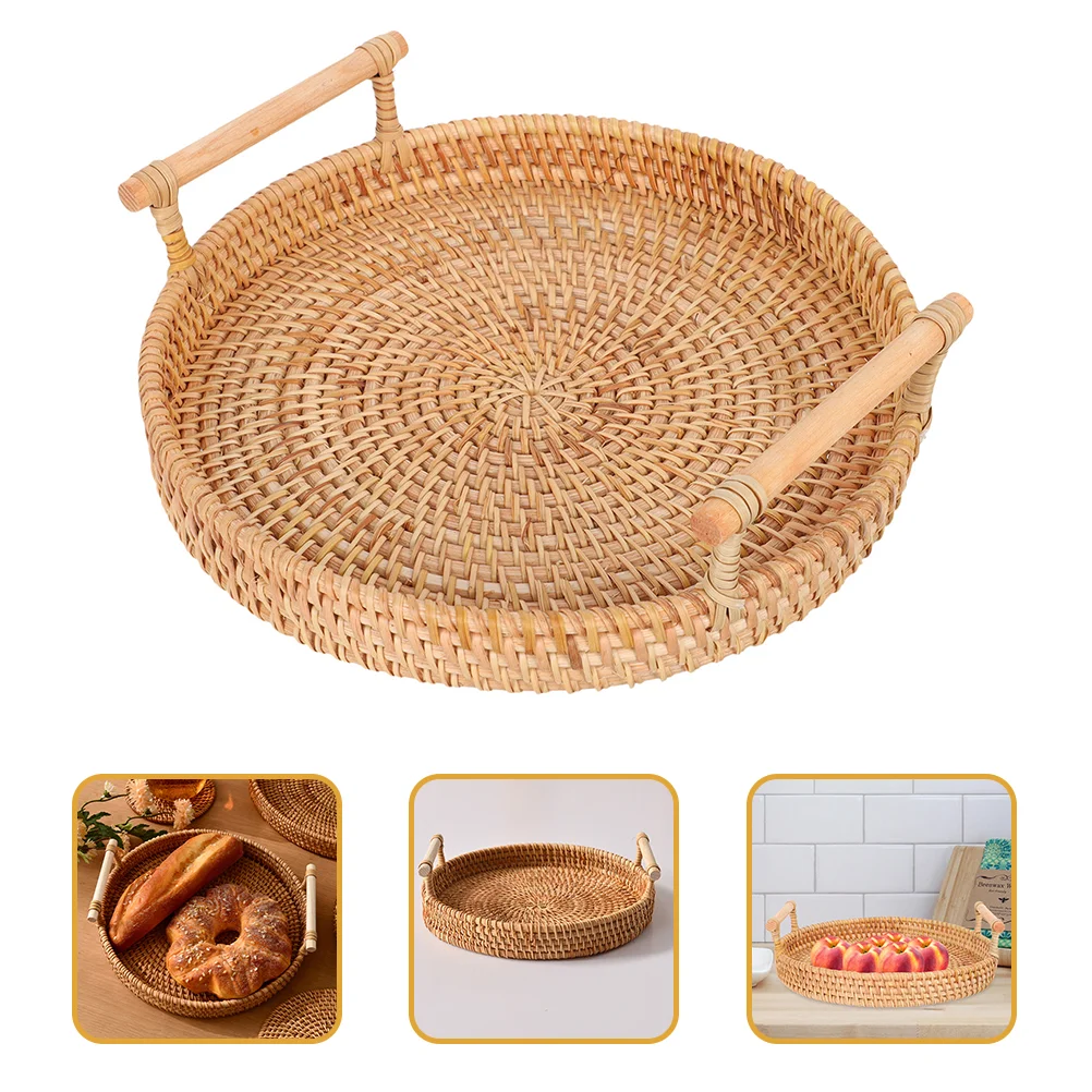 

Rattan Round Tray Trays for Coffee Table Woven Baskets Dining Serving with Handles Wicker Boho