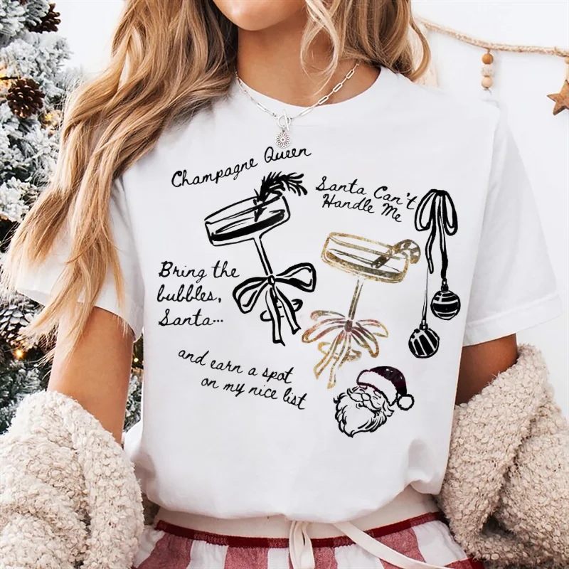 

Christmas Printed Cocktail Pattern Retro Women's T-Shirt Cartoon Style Women's Basic Style Top Round Neck Versatile White T-Shir