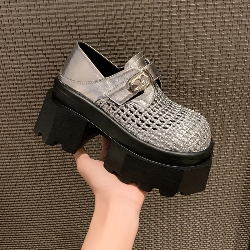 

Новые босоножки на танкетке из синтетической кожи на высоком каблуке 8,5 см, женские летние тканые дышащие кроссовки на высоком массивном каблуке, женские кроссовки