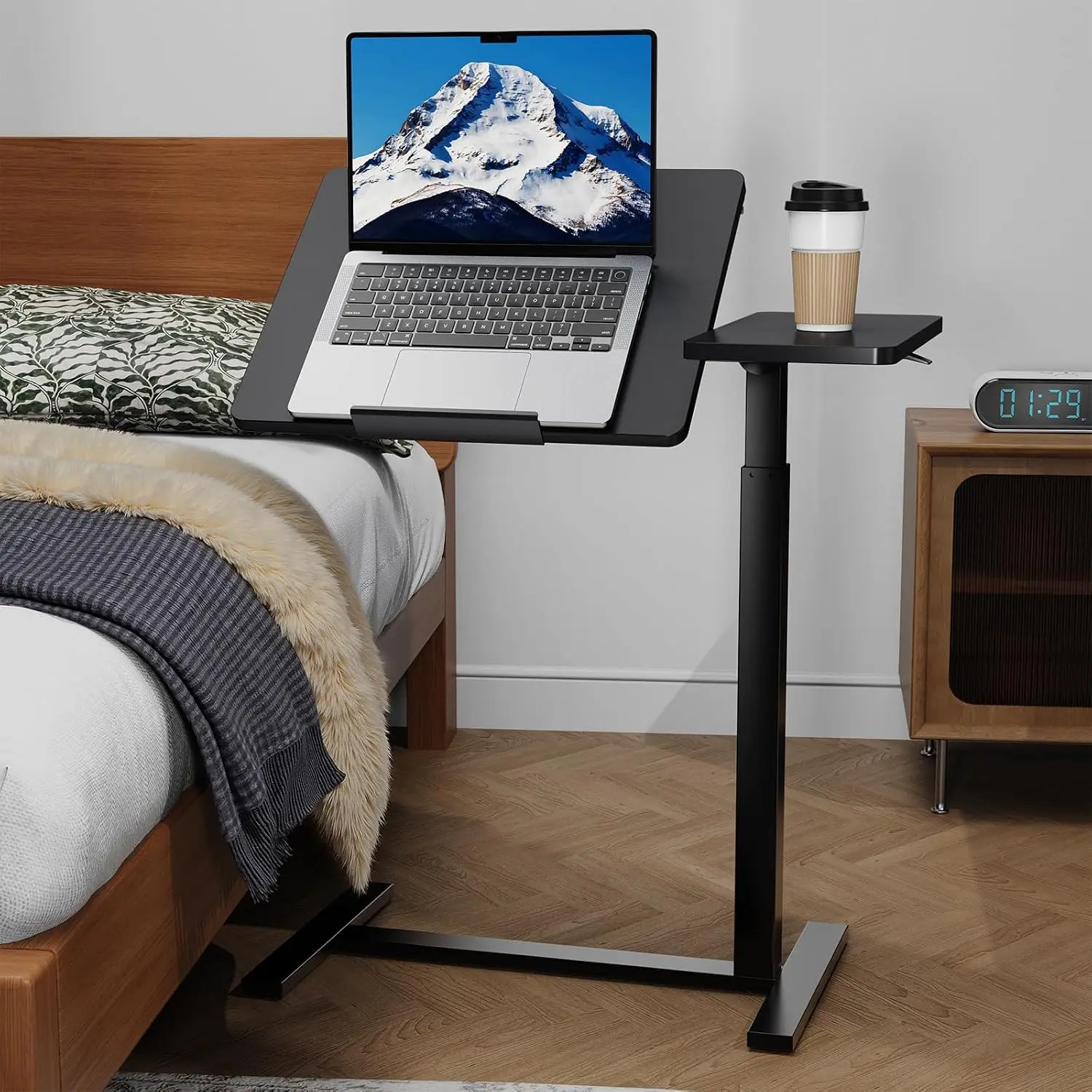 Standing Rolling Desk with Hidden Casters, Height Adjustable Pneumatic Mobile Laptop Desk, Tilting Bedside Table for Laptop, Ove