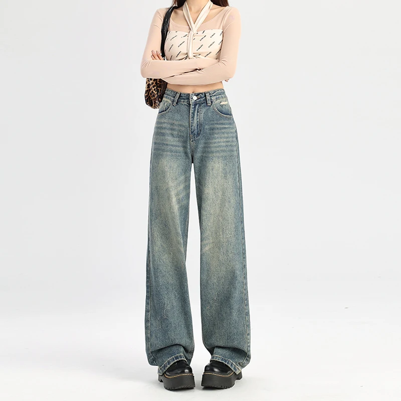 Pantalones vaqueros informales sueltos de cintura alta, pantalones acampanados largos hasta el suelo, pantalones vaqueros de estilo americano Retro Azul de pierna ancha