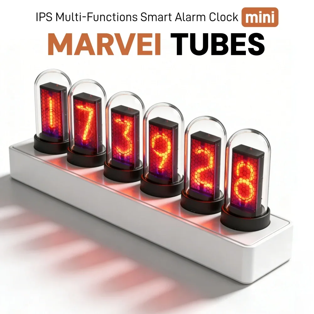 

Smart Nixie Tube Clock, Weather Station with Temperature Humidity, Desktop Digital Alarm Clock, IPS Color Screen Home Decor Gift