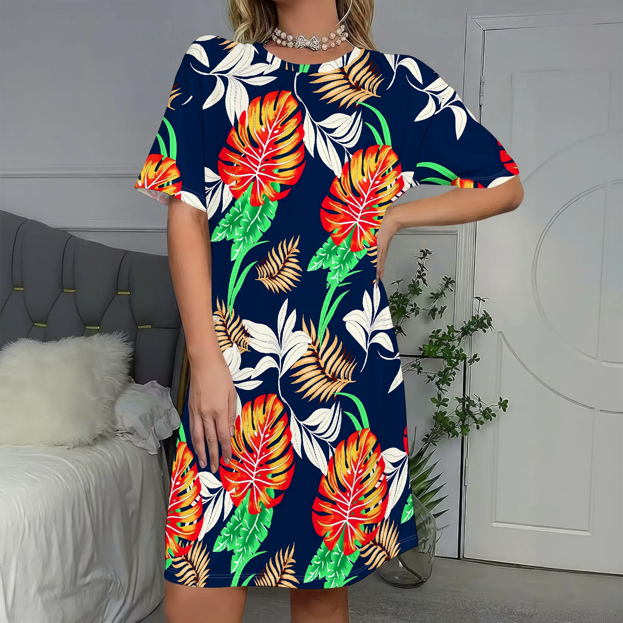 

Tropical Print, Short Sleeve Dress, Navy Blue Floral, Summer Beach Wear, Vacation Outfit, Women's Fashion, S-2XL