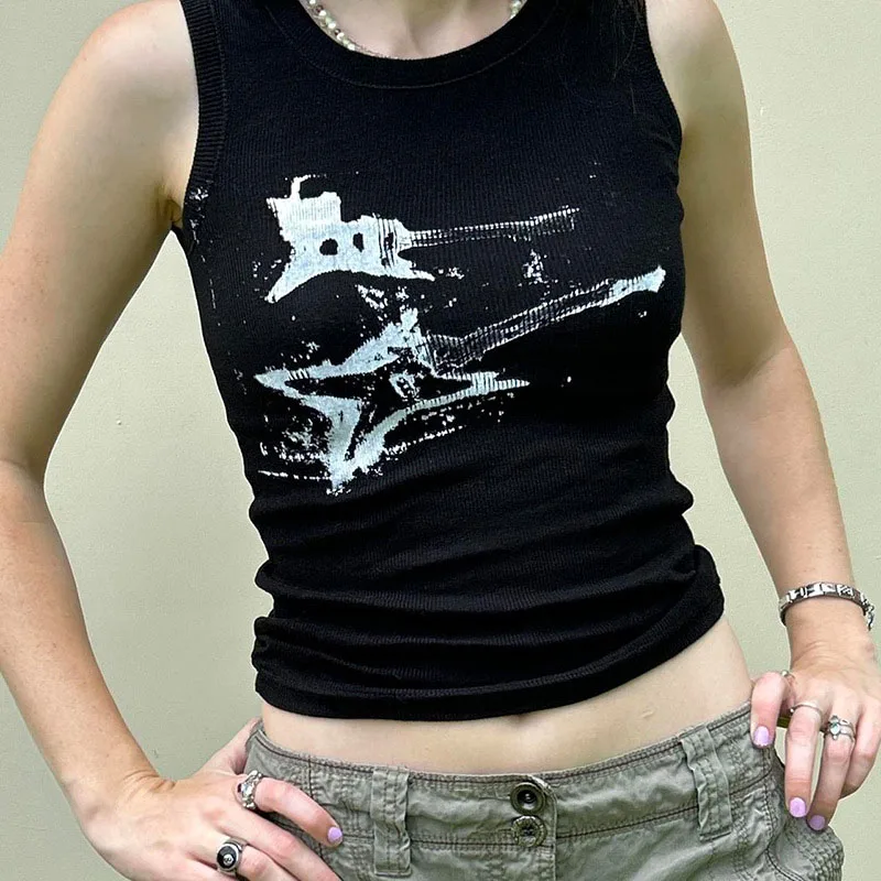 

Guitar Print Sleeveless Tank Top Y2K Casual Ribbed Women Grunge Crop Top Harajuku Fashion Vest Tee 90s Street Outfits