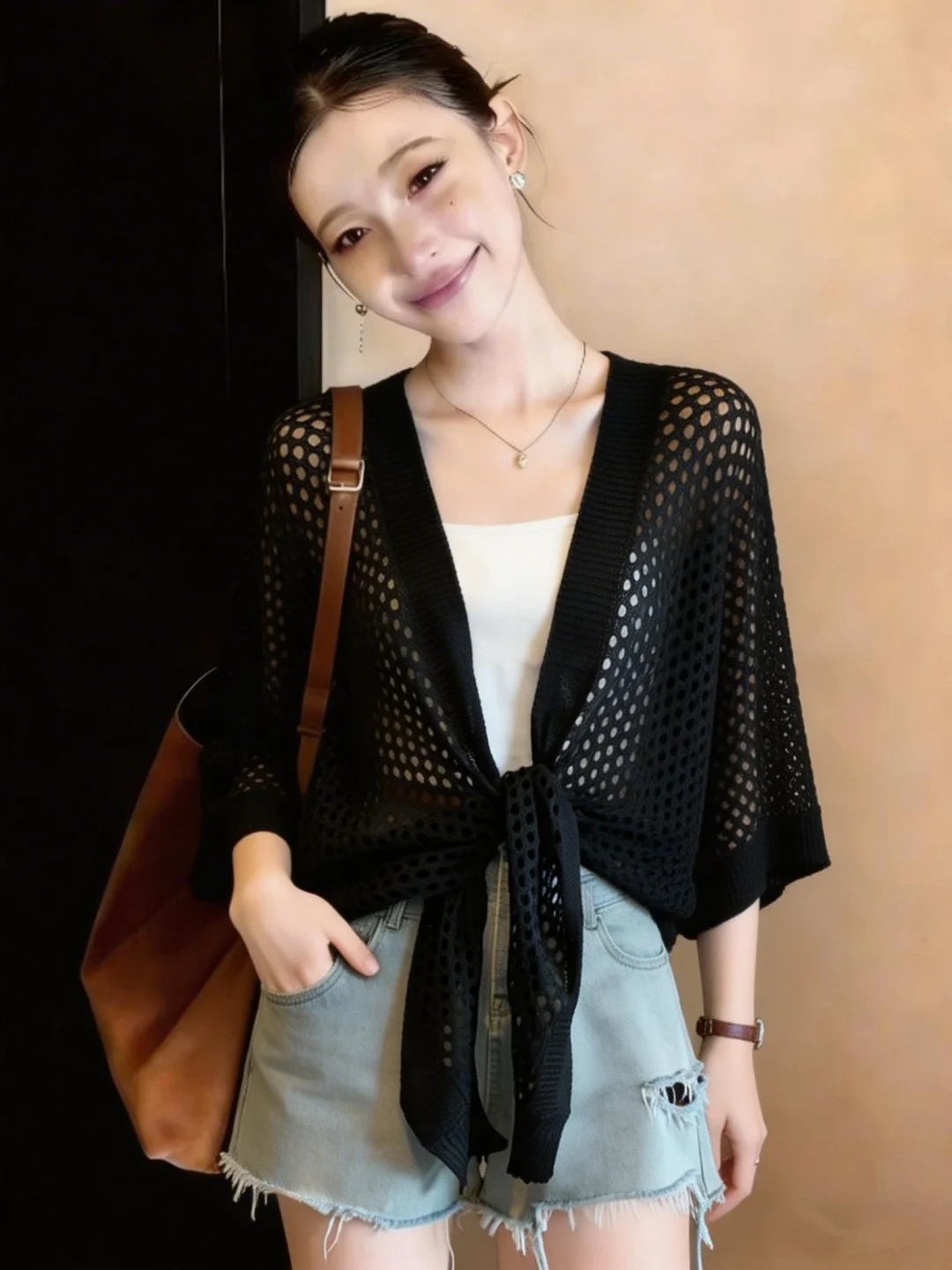 Women's Hollow out Sun Protection Cardigan Spring Summer Loose Fit Seven Sleeve V-Neck Belted Air Conditioning Outerwear