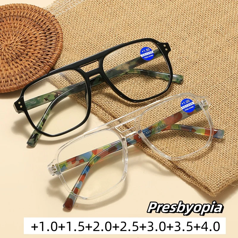 New Square Anti Blue Light Presbyopia Glasses Spring Legs Double Beam Reading Glasses for Reading Newspaper Far Sight Goggle