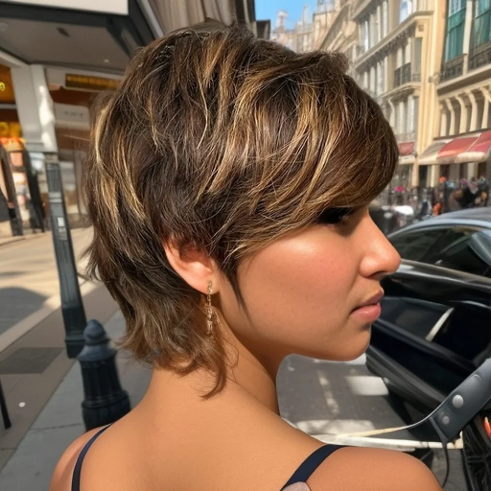 짧은 갈색 하이라이트 인모 전체 기계 제작 픽시컷 가발 (흑인 여성용, 혼합 갈색, 데일리 착용)