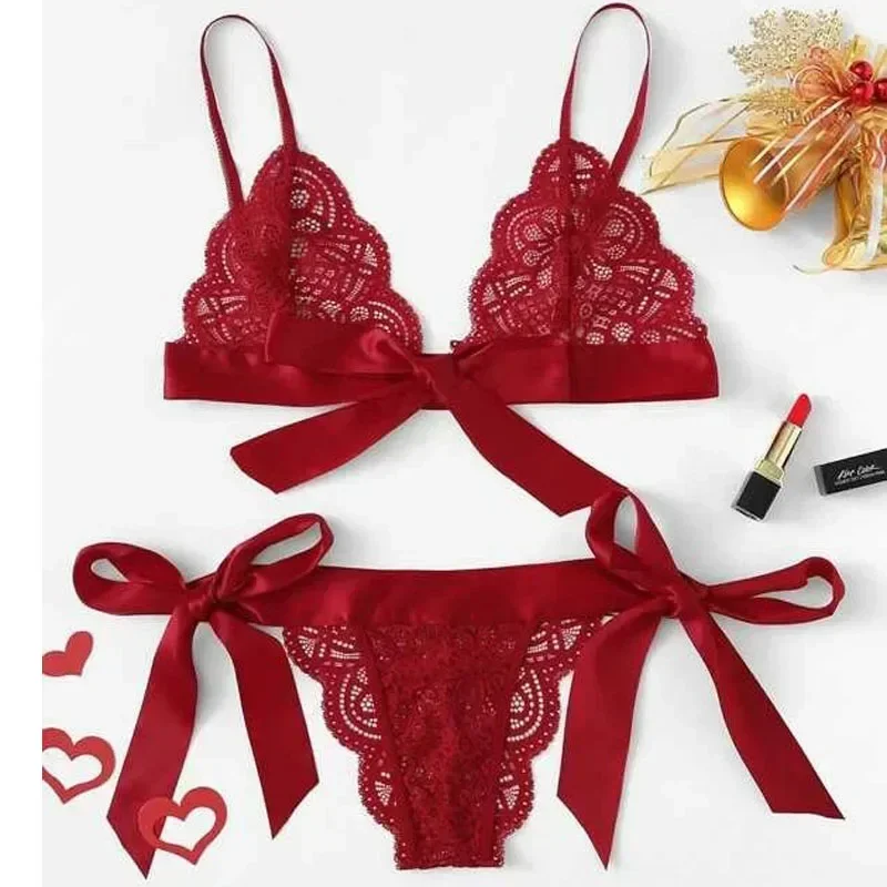 Sexy Adult Female Split Cut Lace Bikini Sexy Lace Strap Style Three-point Erotic Lingerie 3-Point Hollowed Suit Transparent Bra