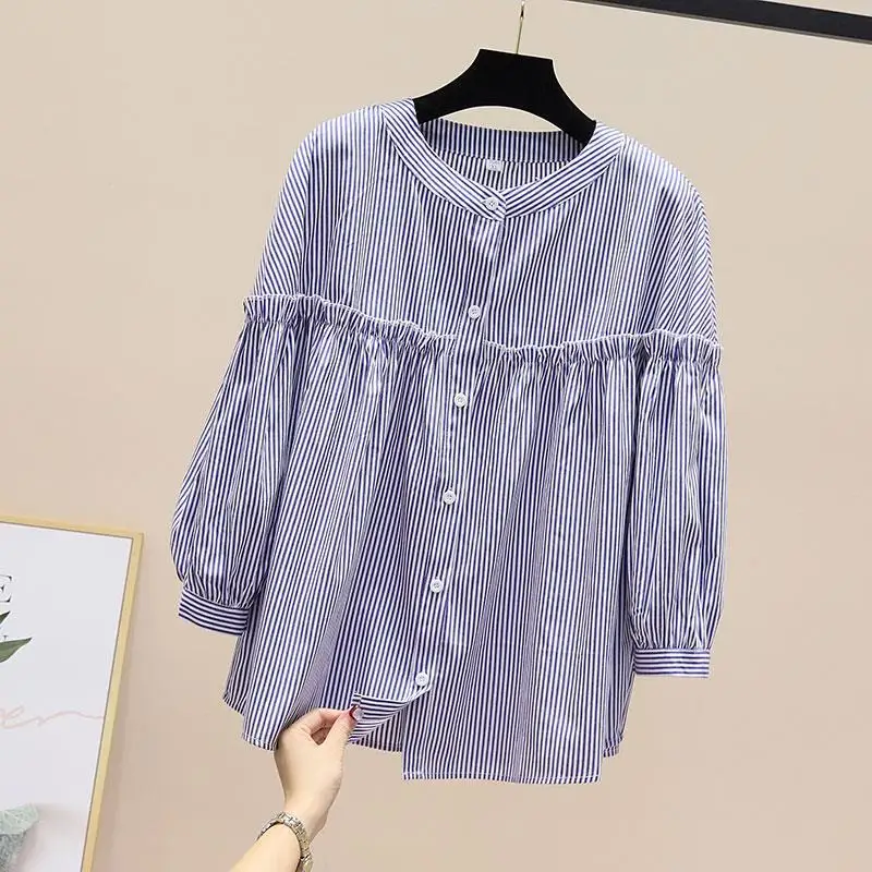 

2023 New Women Clothing Simplicity Printing Office Lady Striped Buttons Fashion Loose Casual O-neck Pleated Long Sleeve Blouses