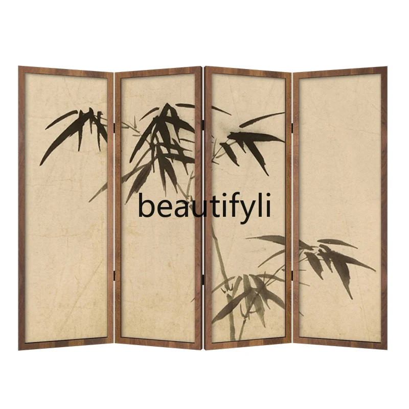 شاشة تقسيم شاشة من الخشب الصلب مصنوعة من الخيزران بالحبر الكلاسيكي على الطراز العصور الوسطى لغرفة المعيشة وغرفة النوم وأريكة قابلة للطي للمدخل