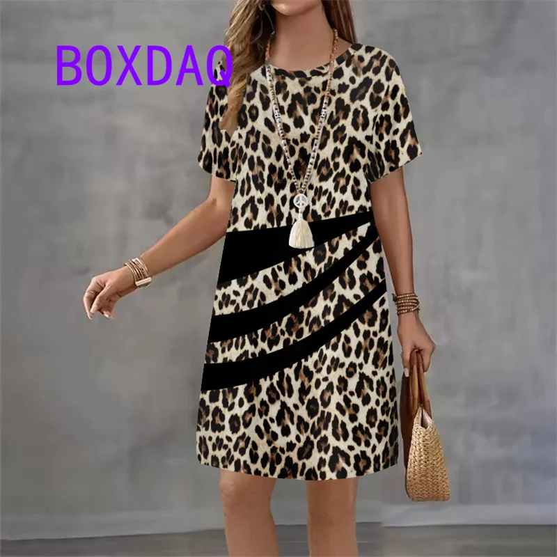 

Vintage Leopard Pattern Print Women Dress Casual Summer Short Sleeve O-Neck Loose A-Line Dress Female Big Size XXS-3XL Sundress