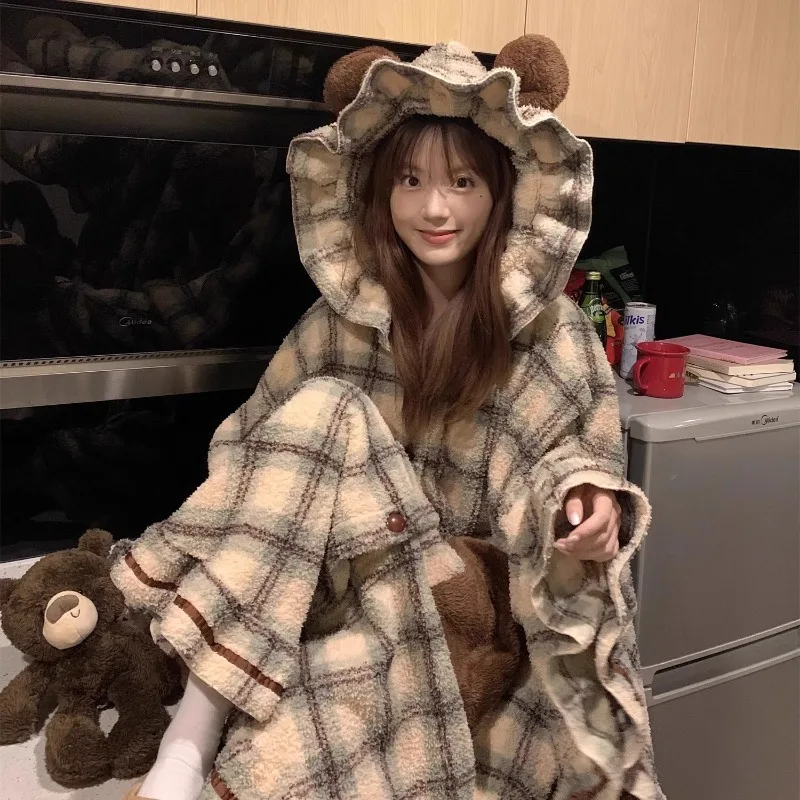 Cute Plaid Coral Fleece Cape Pajamas Women's Winter Thickened Hooded Loungewear Lady Nightgown