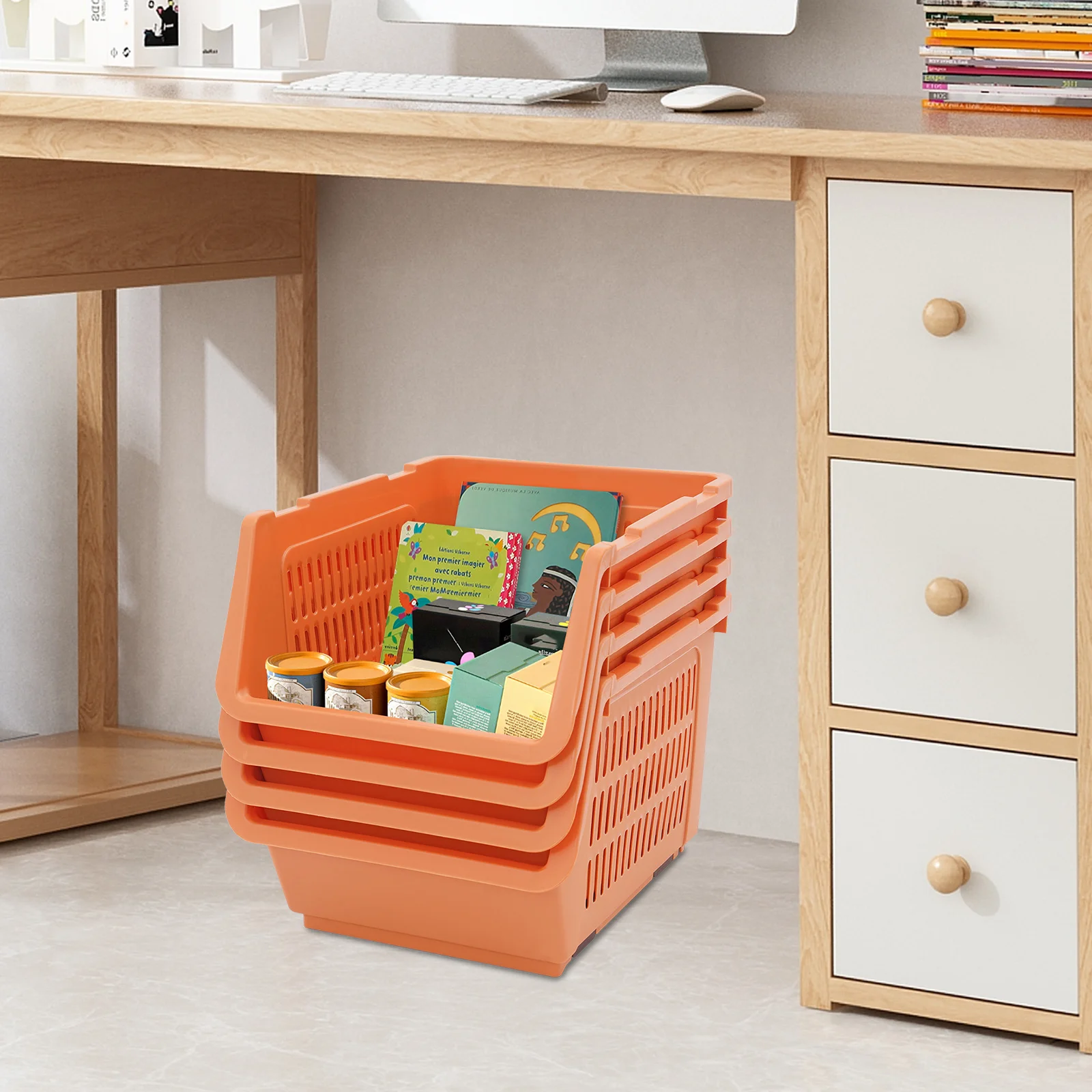 Оранжевые большие штабелируемые корзины для хранения, 4 контейнера-органайзера с ручками, универсальный пластиковый контейнер из полипропилена для дома и общежития