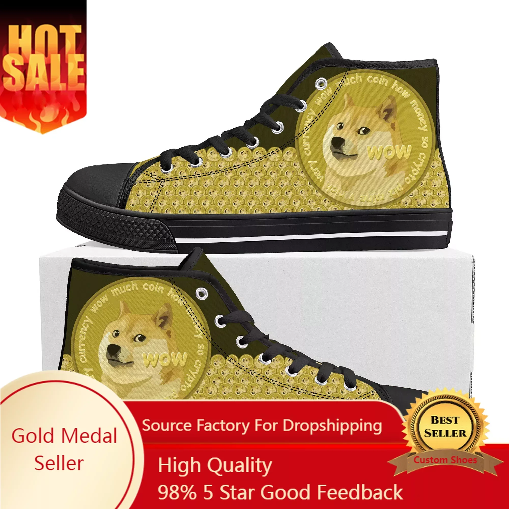 Dogecoin Crypto Currency Dog Coin High Top Sneakers Mens Womens Teenager Canvas Sneaker Casual Couple Shoes Custom Shoe