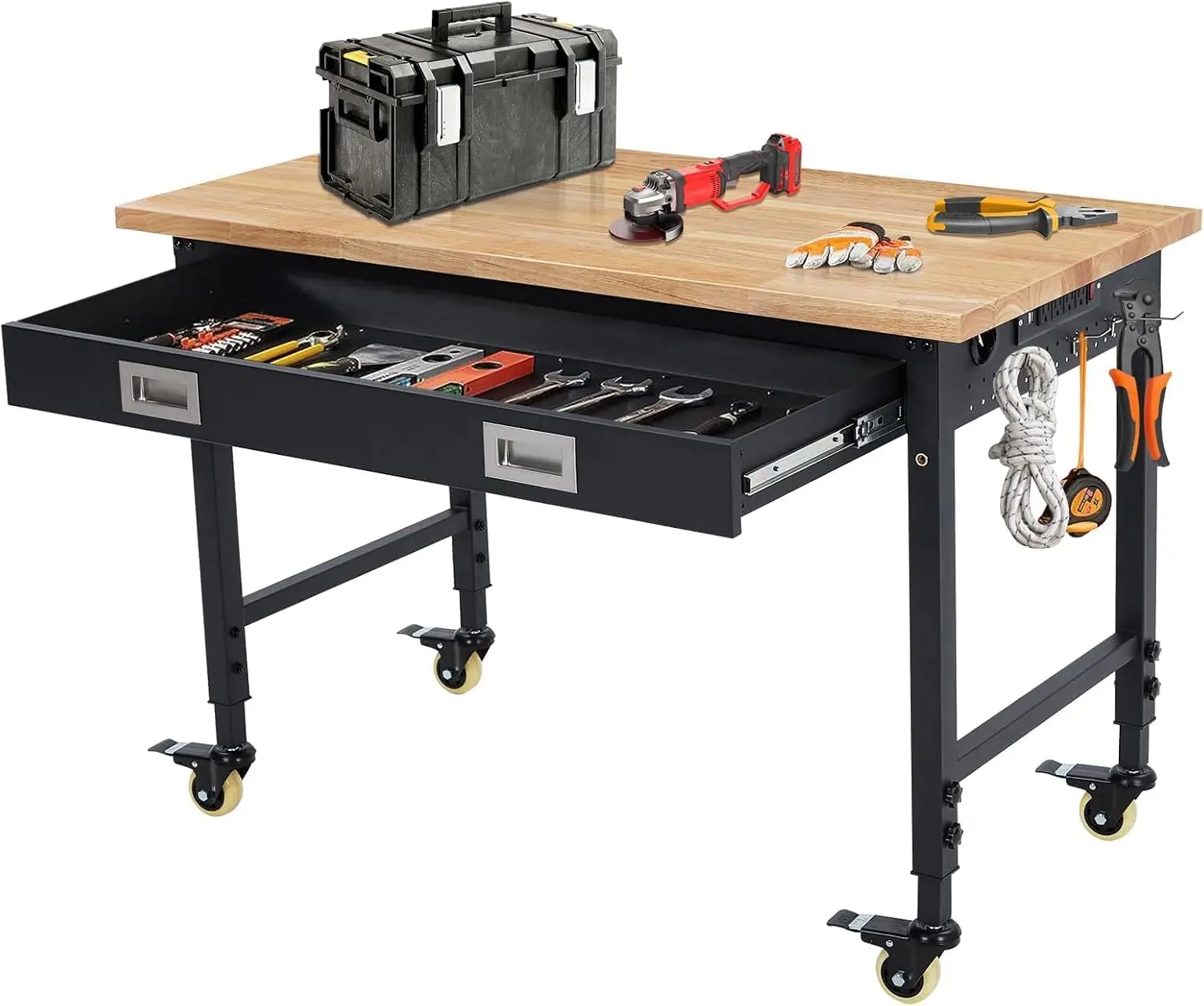Adjustable Height 48 X 24 Workbench Heavy Duty Rubber Wood Top 2000 Lbs Load Capacity Tool Storage Workstation Drawer Pegboard P