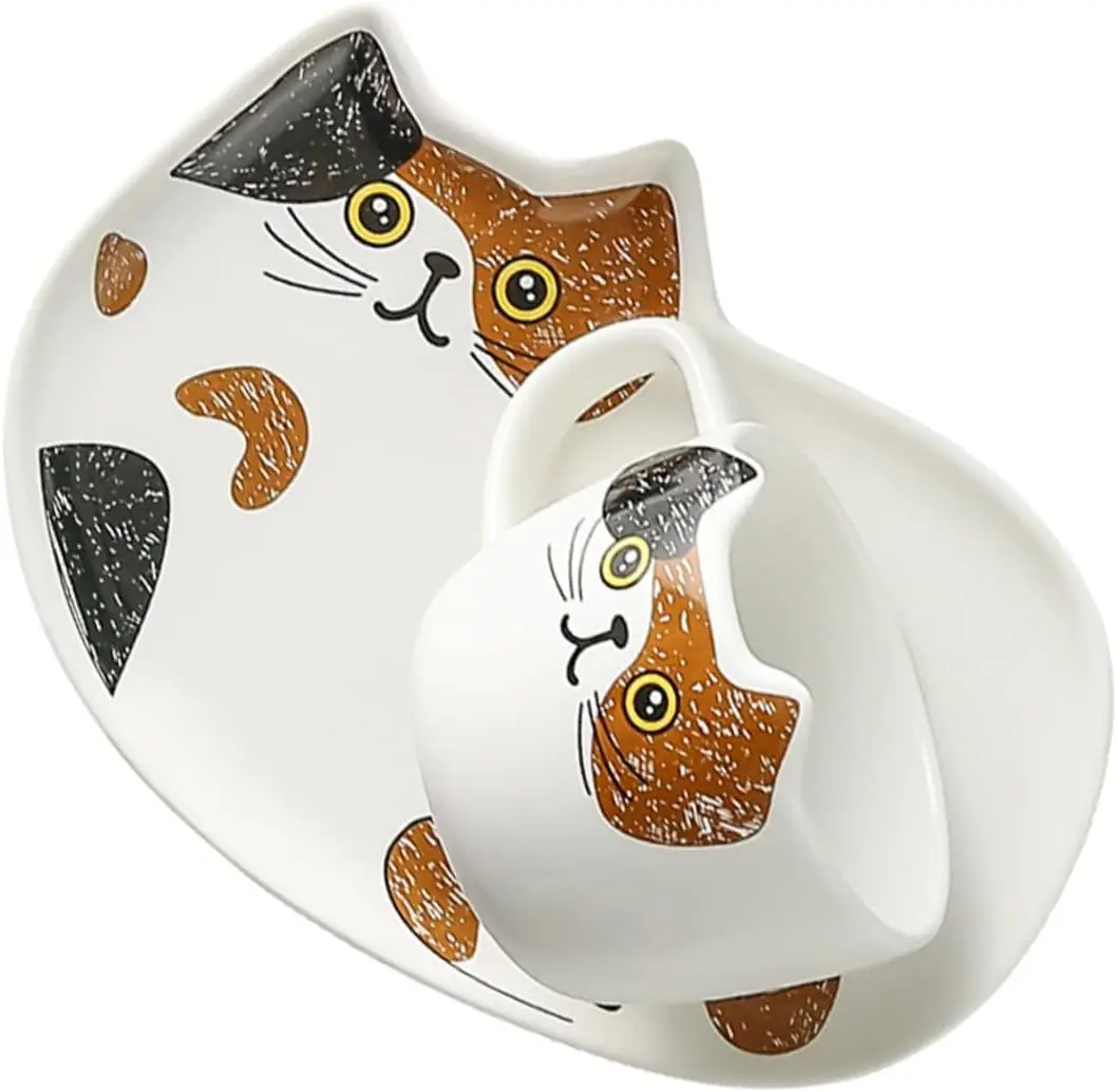 1 Set cat cup and saucer set afternoon tea cups and saucers porcelain coffee mug drinking cup cat coffee mug porcelian mugs cat