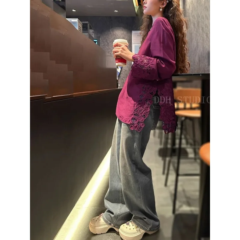 Nuovo stile cinese stile nazionale cuciture in pizzo ricamo cavo spacco retrò sciolto 2025 inizio primavera nuovo top versatile per le donne