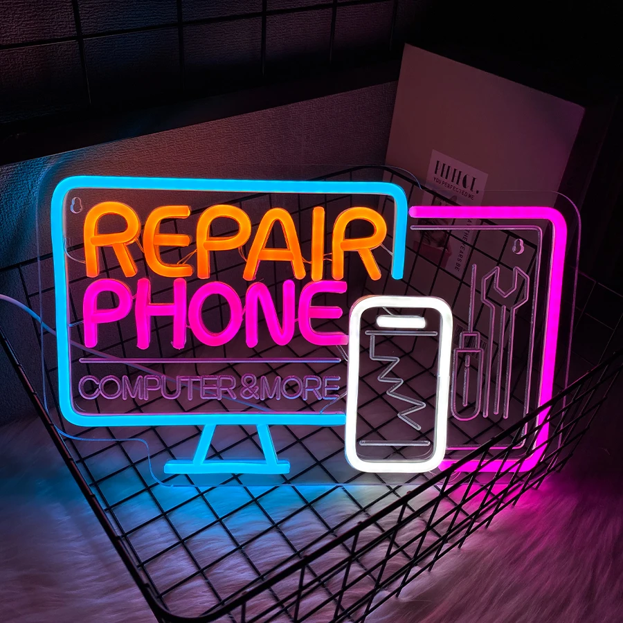 علامة النيون لإصلاح الهاتف لديكور الحائط، ضوء النيون LED لمتجر إصلاح الهاتف، ديكور النافذة الأمامية، متجر إصلاح الكمبيوتر المكتبي #6